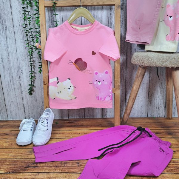 ست دخترانه تی شرت شلوار کتان گربه - Image 6