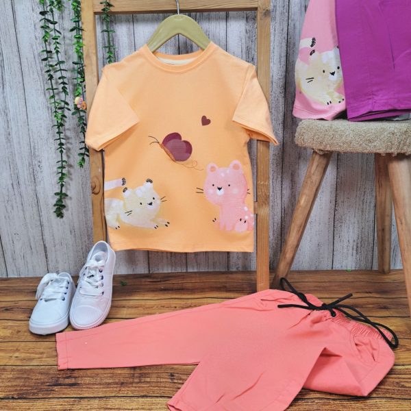 ست دخترانه تی شرت شلوار کتان گربه - Image 7