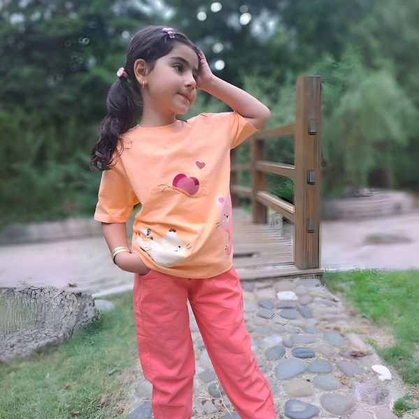 ست دخترانه تی شرت شلوار کتان گربه - Image 5